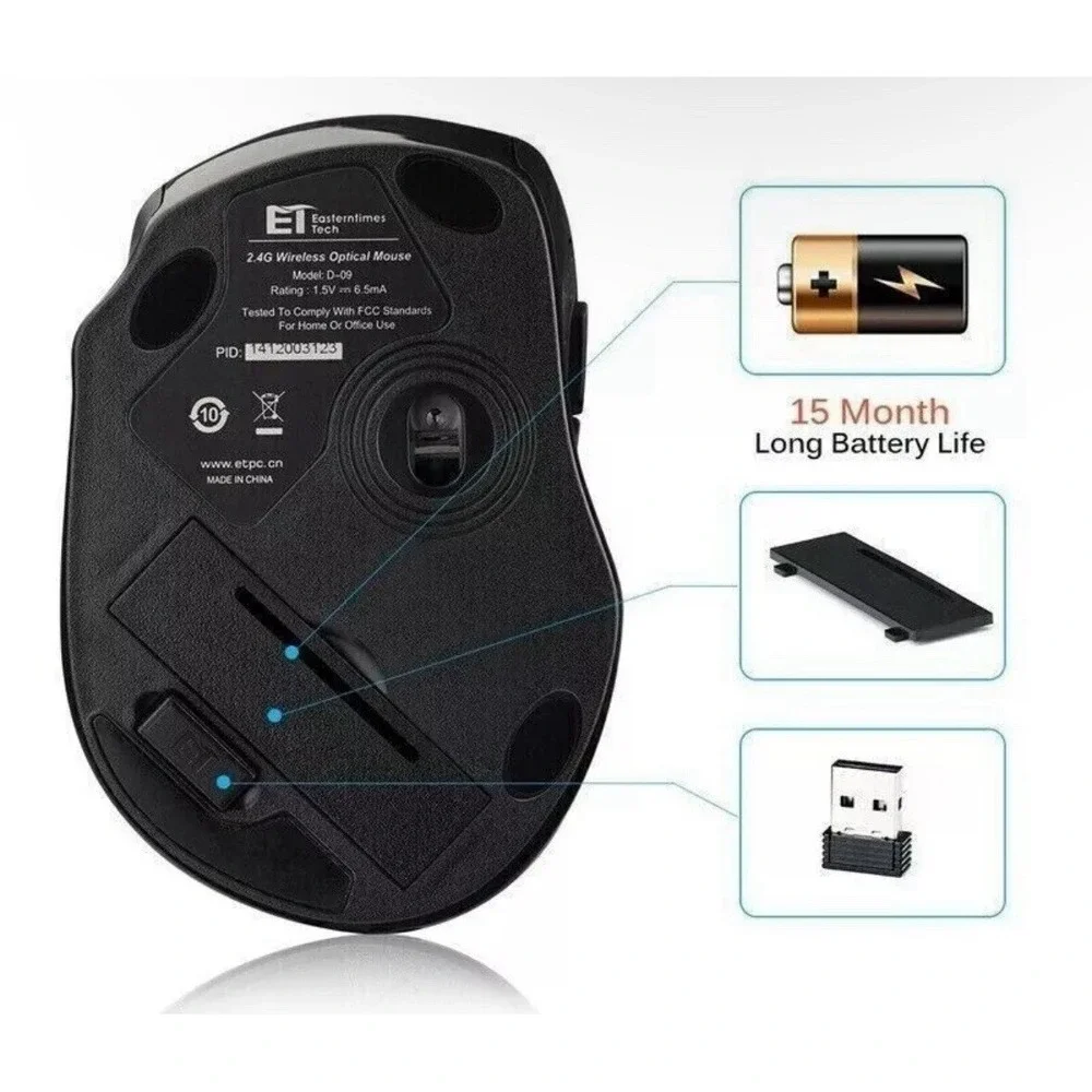 Easterntimes Tech D-09 Wireless Optical Mouse 2.4G Black 2400 CPI Ergonomic New